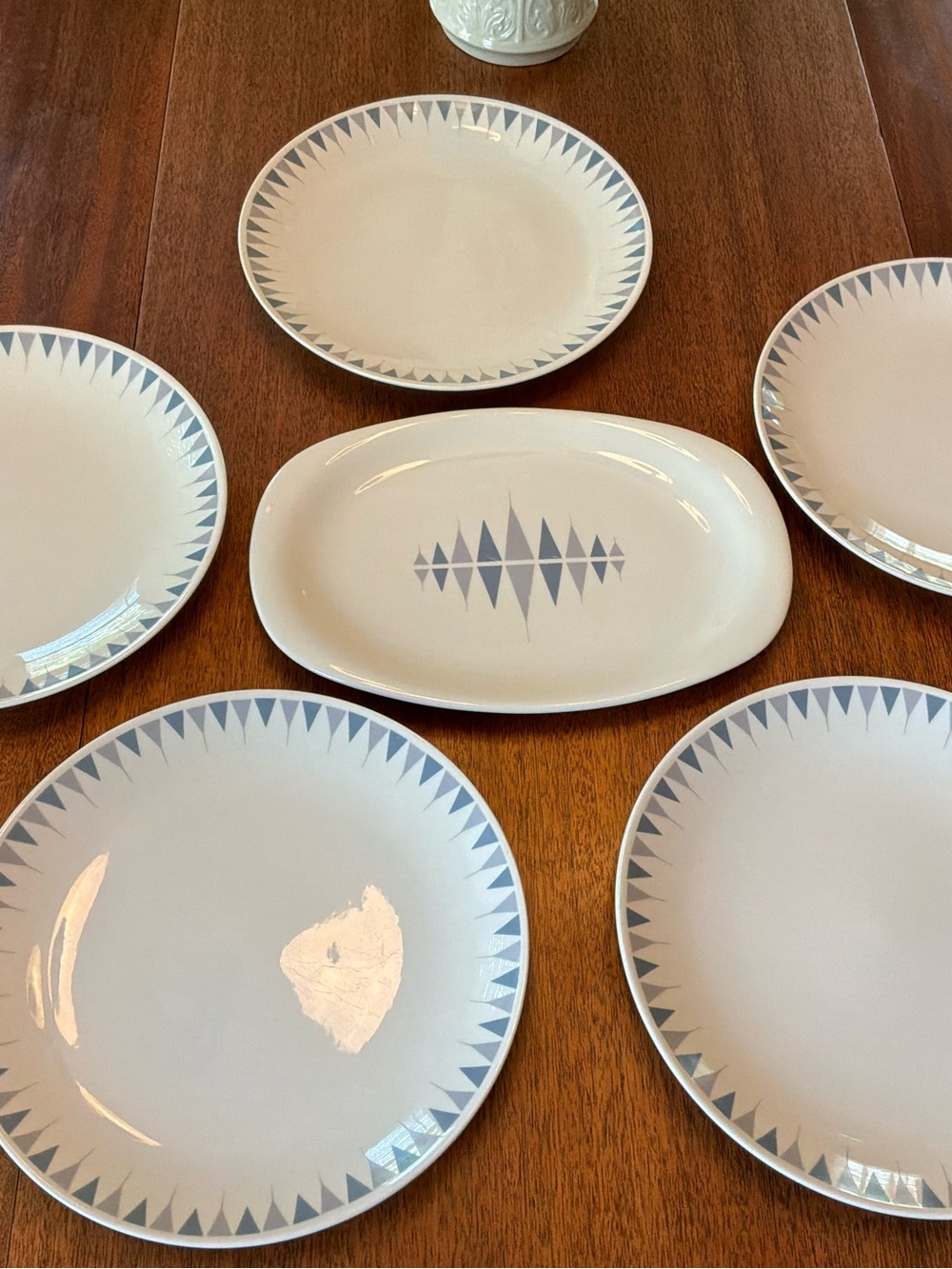 Vintage Dinnerware Set with Pale Blue Geometric Trim By Iroquois Design‎